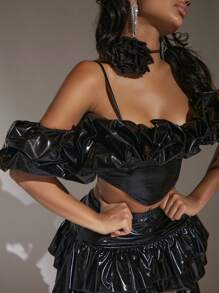 SHEIN SXY 3D Rosette Cold Shoulder Ruffle Trim Asymmetrical Hem Crop Top - Black - View 5