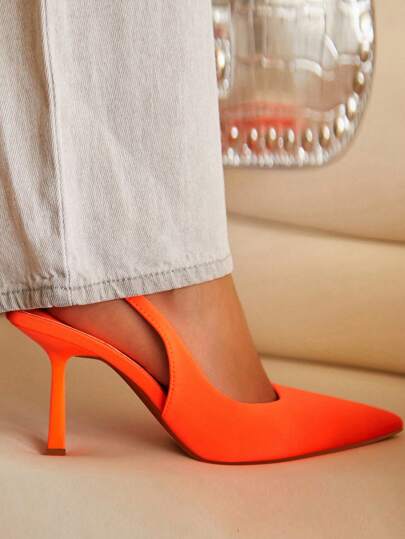 Fall/Winter 2025 Women Slingbacks, Elastane Point Toe Stiletto Heeled Funky Pumps Neon Orange,Elegant,Party Outfits,Pointed Heels