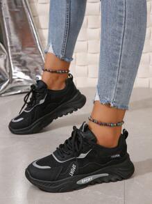 Women's Black Fashionable Round Toe Comfortable Thick Bottom Sports Shoes With Lace-up - Black - View 2