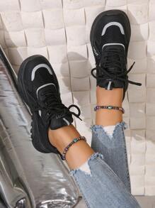 Women's Black Fashionable Round Toe Comfortable Thick Bottom Sports Shoes With Lace-up - Black - View 4