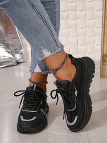 Women's Black Fashionable Round Toe Comfortable Thick Bottom Sports Shoes With Lace-up - Black - View 5