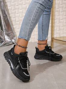 Women's Black Fashionable Round Toe Comfortable Thick Bottom Sports Shoes With Lace-up - Black - View 6