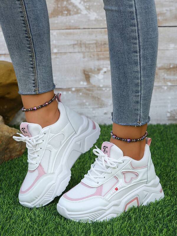 Women's Fashionable Round Toe Lace-up White/pink Concealed Wedge Thick Sole Sports Shoes