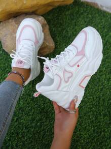 Fall/Winter Women's Fashionable Round Toe Lace-Up White/Pink Concealed Wedge Thick Sole Sports Shoes,Sneakers For Women - Pink - View 3