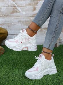 Fall/Winter Women's Fashionable Round Toe Lace-Up White/Pink Concealed Wedge Thick Sole Sports Shoes,Sneakers For Women - Pink - View 6