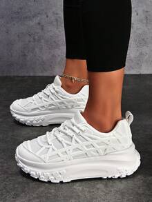 Women Minimalist Lace-up Front Chunky Sneakers - White - View 2