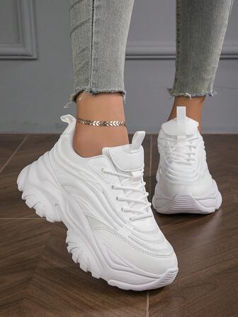 Fall/Winter Women's Fashionable Lightweight Breathable Sports Shoes, Lace-Up Mesh Tennis Shoes With Chunky Sole,Sneakers For Women