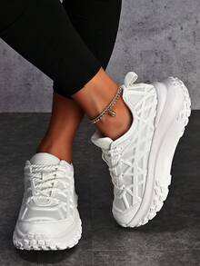 Women Minimalist Lace-up Front Chunky Sneakers - White - View 4