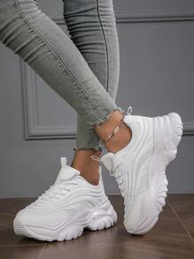 Women's Fashionable Lightweight Breathable Sports Shoes, Lace-up Mesh Tennis Shoes With Chunky Sole