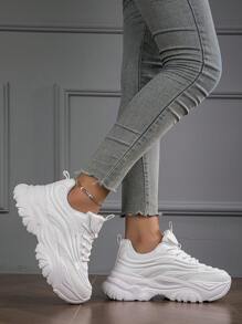 Women's Fashionable Lightweight Breathable Sports Shoes, Lace-up Mesh Tennis Shoes With Chunky Sole