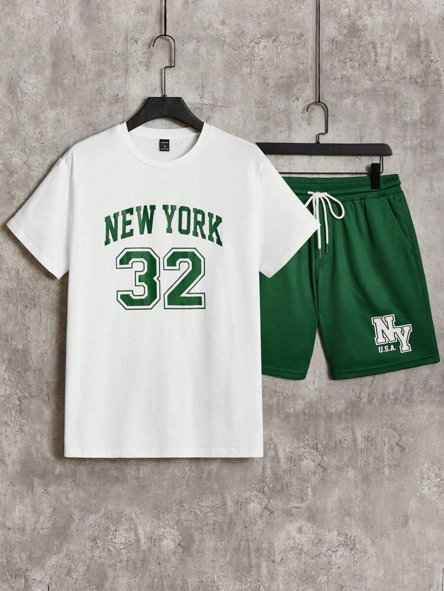 Manfinity Campus Court 男士字母圖案T恤&腰部抽繩短褲 - 彩色 - 查看 1