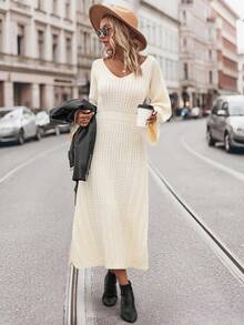 优雅女士 V 领修身长袖针织连衣裙，适合春冬季节，百搭毛衣长裙，适合情人节和日常通勤，返校秋季女装秋季街头服饰长款派对连衣裙 - 米色 - 查看 3