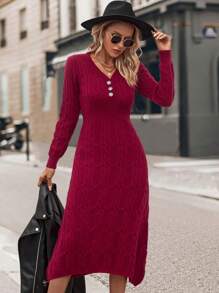 Đầm len dệt kim dài cổ chữ V, màu trơn, họa tiết ngẫu nhiên, giản dị cho mùa xuân thu - Đỏ - Xem 1