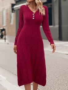 Đầm len dệt kim dài cổ chữ V, màu trơn, họa tiết ngẫu nhiên, giản dị cho mùa xuân thu - Đỏ - Xem 3