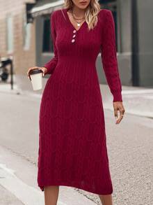 Đầm len dệt kim dài cổ chữ V, màu trơn, họa tiết ngẫu nhiên, giản dị cho mùa xuân thu - Đỏ - Xem 5