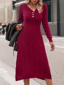 Đầm len dệt kim dài cổ chữ V, màu trơn, họa tiết ngẫu nhiên, giản dị cho mùa xuân thu - Đỏ - Xem 7