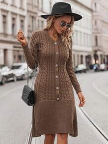 Jersey largo de ajuste ceñido con cuello en V (Patrón aleatorio) - Caqui - Ver 3