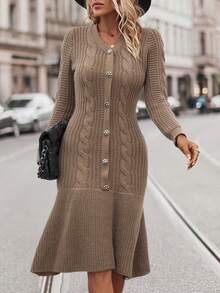 女式 V 领收腰长袖针织连衣裙，优雅的春冬季毛衣裙，百搭街头风格和工作服，返校秋季女装，秋季街头服饰 - 卡其色 - 查看 3