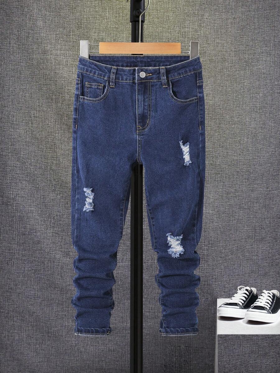 SHEIN Tween Boy Ripped Frayed Jeans - Dark Wash - View 1