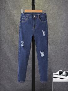 SHEIN Tween Boy Ripped Frayed Jeans - Dark Wash - View 4