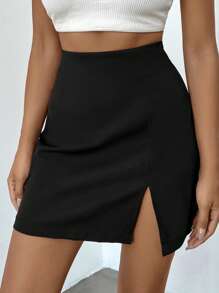 EURMUSE High Waist Split Hem Skirt - Black - View 1