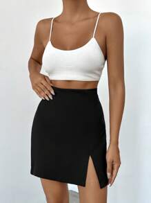 EURMUSE High Waist Split Hem Skirt - Black - View 4