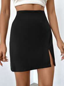 EURMUSE High Waist Split Hem Skirt - Black - View 5