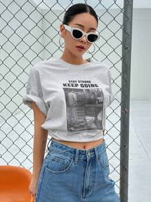 DAZY Slogan Graphic Drop Shoulder Tee - Light Grey - View 1