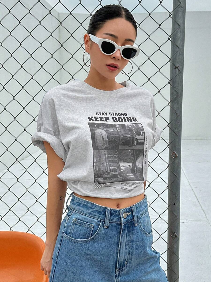 DAZY Slogan Graphic Drop Shoulder Tee - Light Grey - View 1