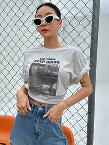 DAZY Slogan Graphic Drop Shoulder Tee - Light Grey - View 3