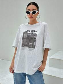 DAZY Slogan Graphic Drop Shoulder Tee - Light Grey - View 4