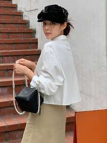 DAZY Solid Frill Trim Button Front Shirt - White - View 2