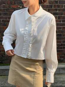 DAZY Solid Frill Trim Button Front Shirt - White - View 3