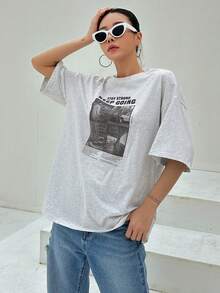 DAZY Slogan Graphic Drop Shoulder Tee - Light Grey - View 6