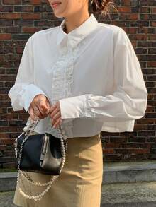 DAZY Solid Frill Trim Button Front Shirt - White - View 4