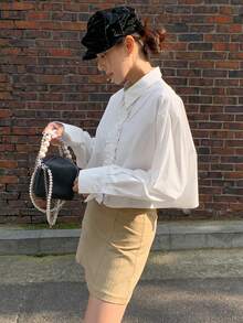 DAZY Solid Frill Trim Button Front Shirt - White - View 5