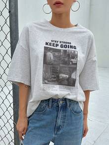 DAZY Slogan Graphic Drop Shoulder Tee - Light Grey - View 8