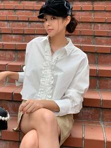 DAZY Solid Frill Trim Button Front Shirt - White - View 7