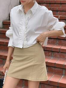 DAZY Solid Frill Trim Button Front Shirt - White - View 8