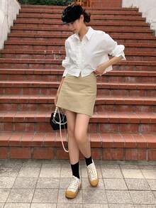 DAZY Solid Frill Trim Button Front Shirt - White - View 12