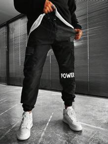 Manfinity Homme Men Letter Graphic Flap Pocket Drawstring Waist Cargo Trousers - Black - View 1