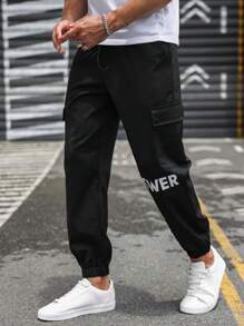 Manfinity Homme Men Letter Graphic Flap Pocket Drawstring Waist Cargo Trousers - Black - View 3