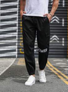 Manfinity Homme Men Letter Graphic Flap Pocket Drawstring Waist Cargo Trousers - Black - View 5