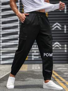 Manfinity Homme Men Letter Graphic Flap Pocket Drawstring Waist Cargo Trousers - Black - View 6