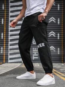 Manfinity Homme Men Letter Graphic Flap Pocket Drawstring Waist Cargo Trousers - Black - View 8