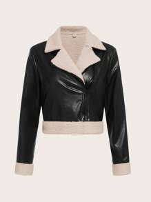 SHEIN Thiếu niên cô gái Dây kéo chất liệu da PU Nhiệt Áo khoác moto - màu đen - Xem 1