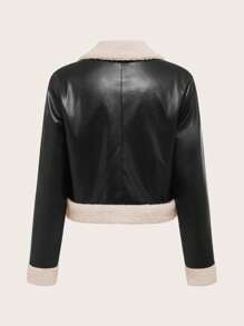 SHEIN Thiếu niên cô gái Dây kéo chất liệu da PU Nhiệt Áo khoác moto - màu đen - Xem 2