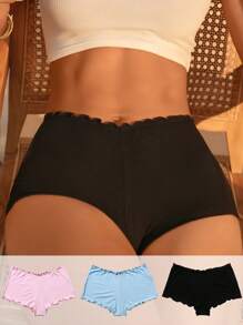 SHEIN 3pcs Scallop Trim Solid Ribbed Knit Brief - Multicolor - View 3