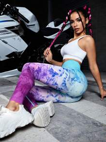 紮染寬腰帶運動打底褲 - 彩色 - 查看 1