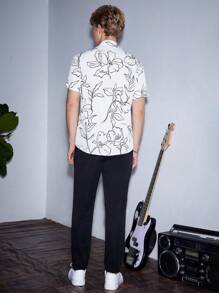 GENTILAND Lỏng lẻo phù hợp Nam Hoa In Áo sơ mi & Eo dây rút Quần - Đen và trắng - Xem 2